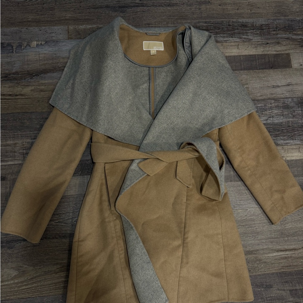 KORS Michael Kors Tan and Gray Trench Coat with Wrap Design